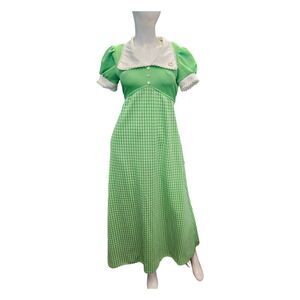 Vintage 70's Fortrel Green Gingham Wide Collar Maxi Dress Size 11